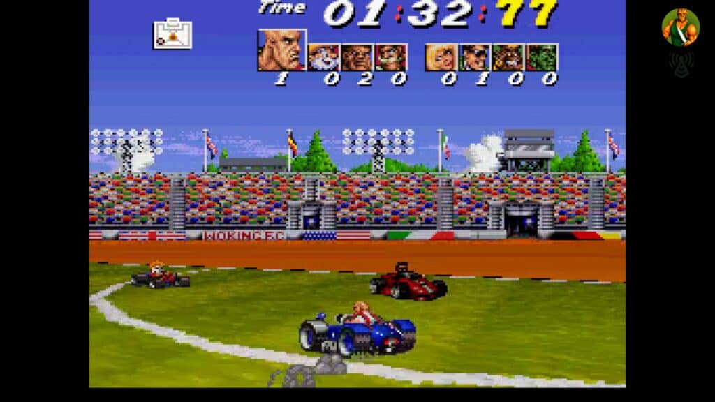 Antstream Arcade PS5 Review - A character in a mask wields a machete in a dark cave setting in this vintage video game, accessible on Antstream Arcad - A pixelated racing video game scene with cars on a grassy track and a crowded stadium in the background.