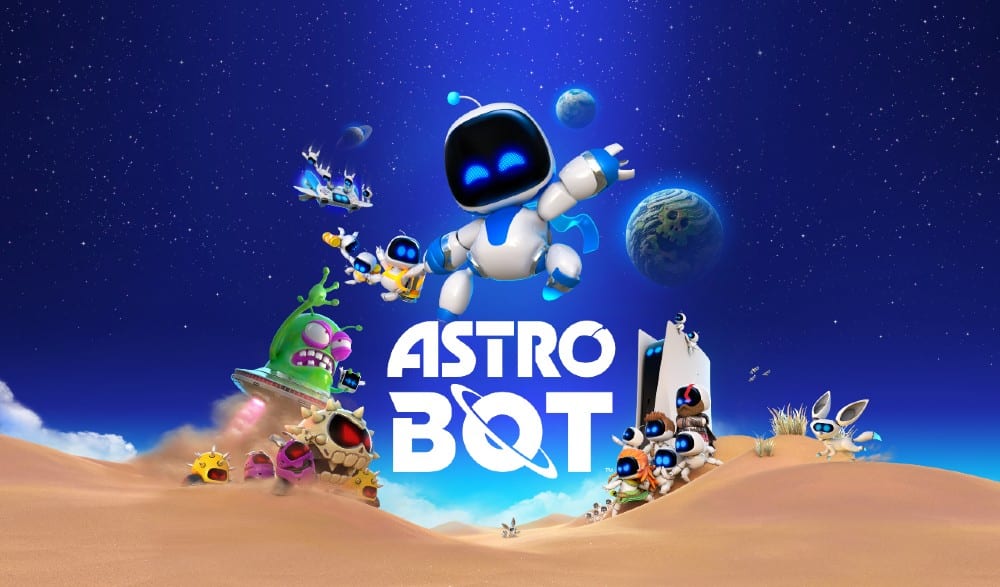 Cover art for "Astro Bot" features an array of robotic characters exploring a sandy landscape under a cosmic backdrop, complete with planets and stars.