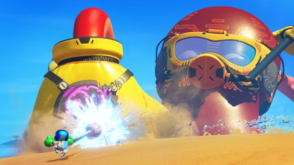 An Astro Bot uses a drill against a giant robot on a sandy beach under a clear blue sky.