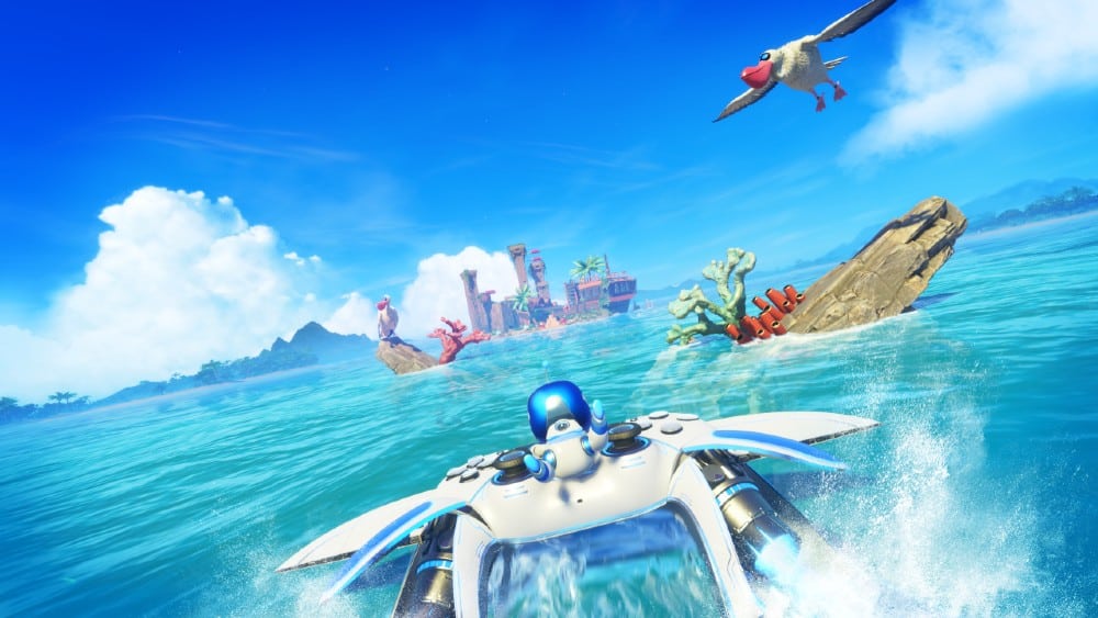 Astro Bot, riding a DualSense controller, speeds towards a colorful island with birds flying above and bright blue skies.