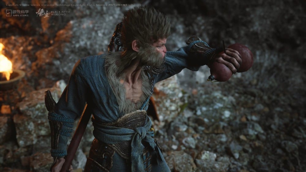 A rugged character with animal-like features drinks from a pouch in a rocky, fire-lit environment, reminiscent of a scene straight out of Black Myth: Wukong.