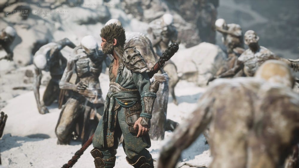 A warrior with a staff stands amidst zombie-like creatures in a snowy, post-apocalyptic environment, reminiscent of Black Myth: Wukong's intense battles.