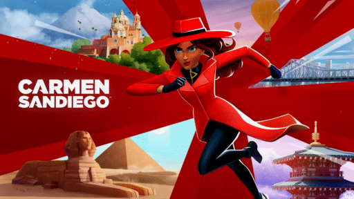 Carmen Sandiego Netflix - Animated character Carmen Sandiego runs, with landmarks like the Sphinx and a Japanese temple in the background, reminiscent of her thrilling Netflix Games adventures.