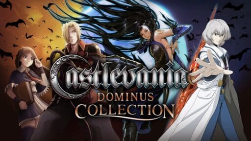 Four characters from Castlevania Dominus Collection stand poised under a full moon, bats swirling in the background.