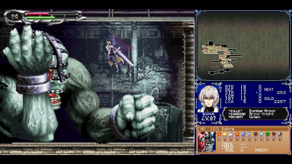 In a thrilling video game battle scene from Castlevania Dominus Collection, a character faces off against a colossal monster, with the HUD displaying health, map, and vital game stats.