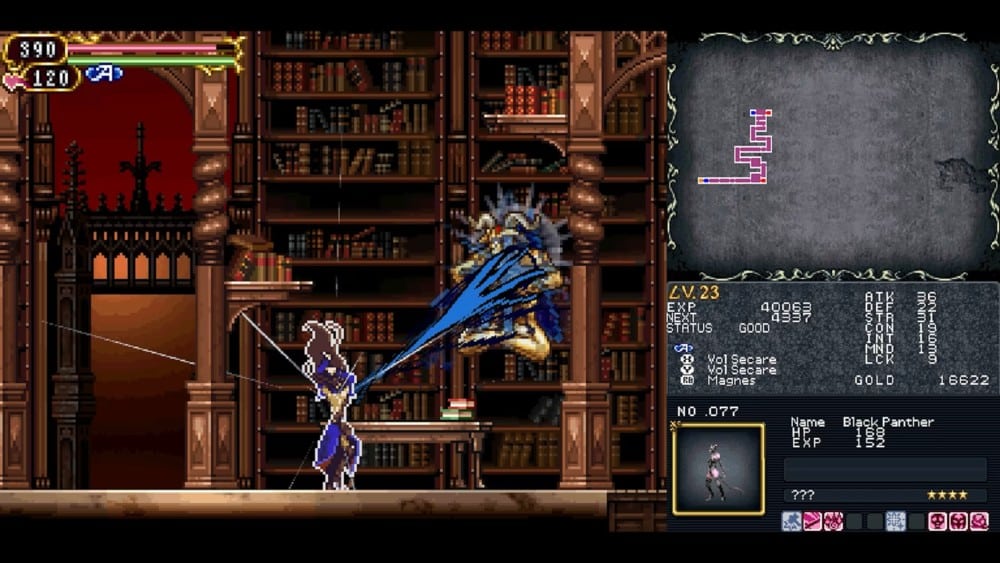 In a scene from the Castlevania Dominus Collection, a character clashes with an armored enemy in front of towering bookshelves, stats displayed on-screen.