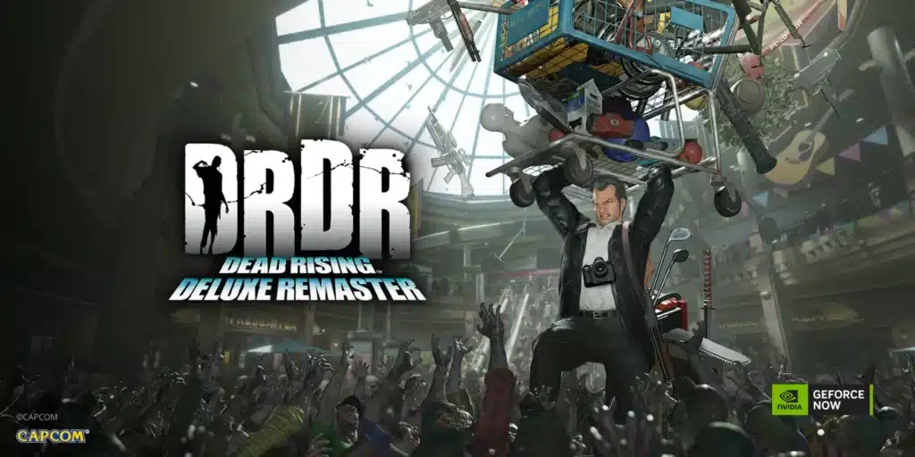 Image of a man in a suit holding a weapon, surrounded by zombies inside a mall, alongside the text "DRDR Dead Rising Deluxe Remaster, available on GFN Thursday.