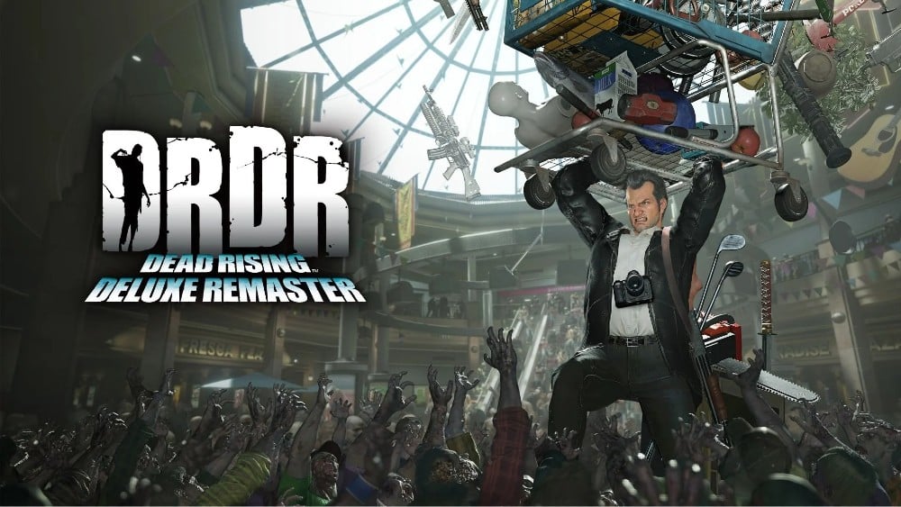 A video game cover for "Dead Rising Deluxe Remaster" depicting a man wielding a weapon against hordes of zombies in a chaotic mall.