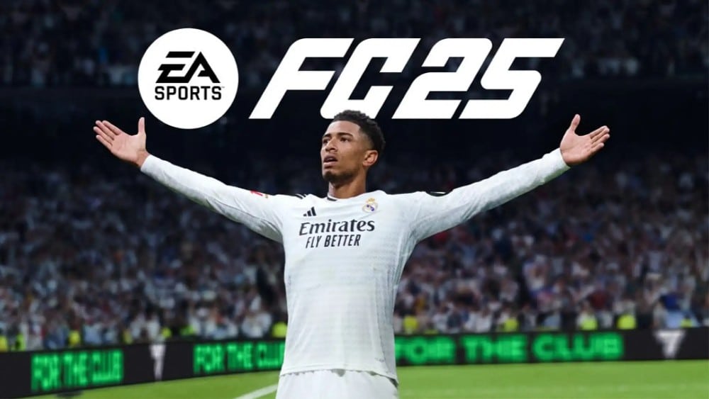 A soccer player in a white jersey celebrates with arms outstretched, embodying the spirit of EA Sports FC 25. Text reads "EA Sports FC 25" above him.