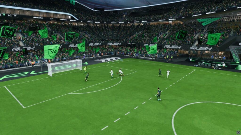 A soccer match in a large stadium with green and black team flags, and fans filling the stands, mirrors the excitement of EA Sports FC 25.