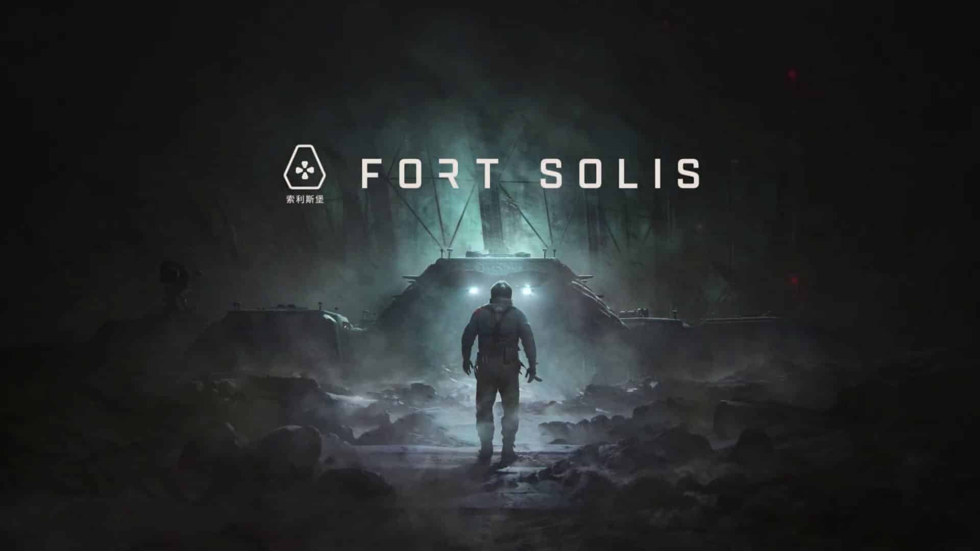 A lone astronaut in a gleaming spacesuit stands before the futuristic, fog-shrouded base of Fort Solis, illuminated by eerie lights.