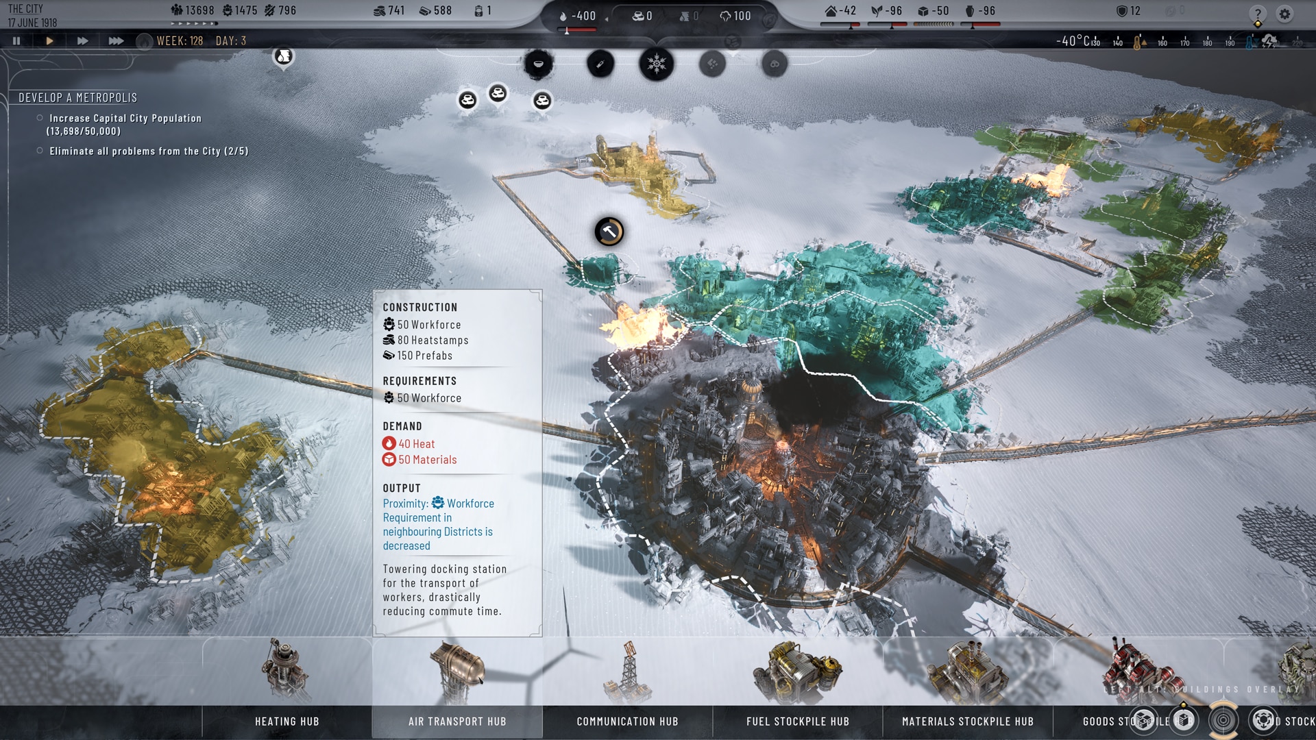 A Frostpunk 2 strategy game screenshot shows a detailed snowy city layout, complete with a resource management panel and construction information.