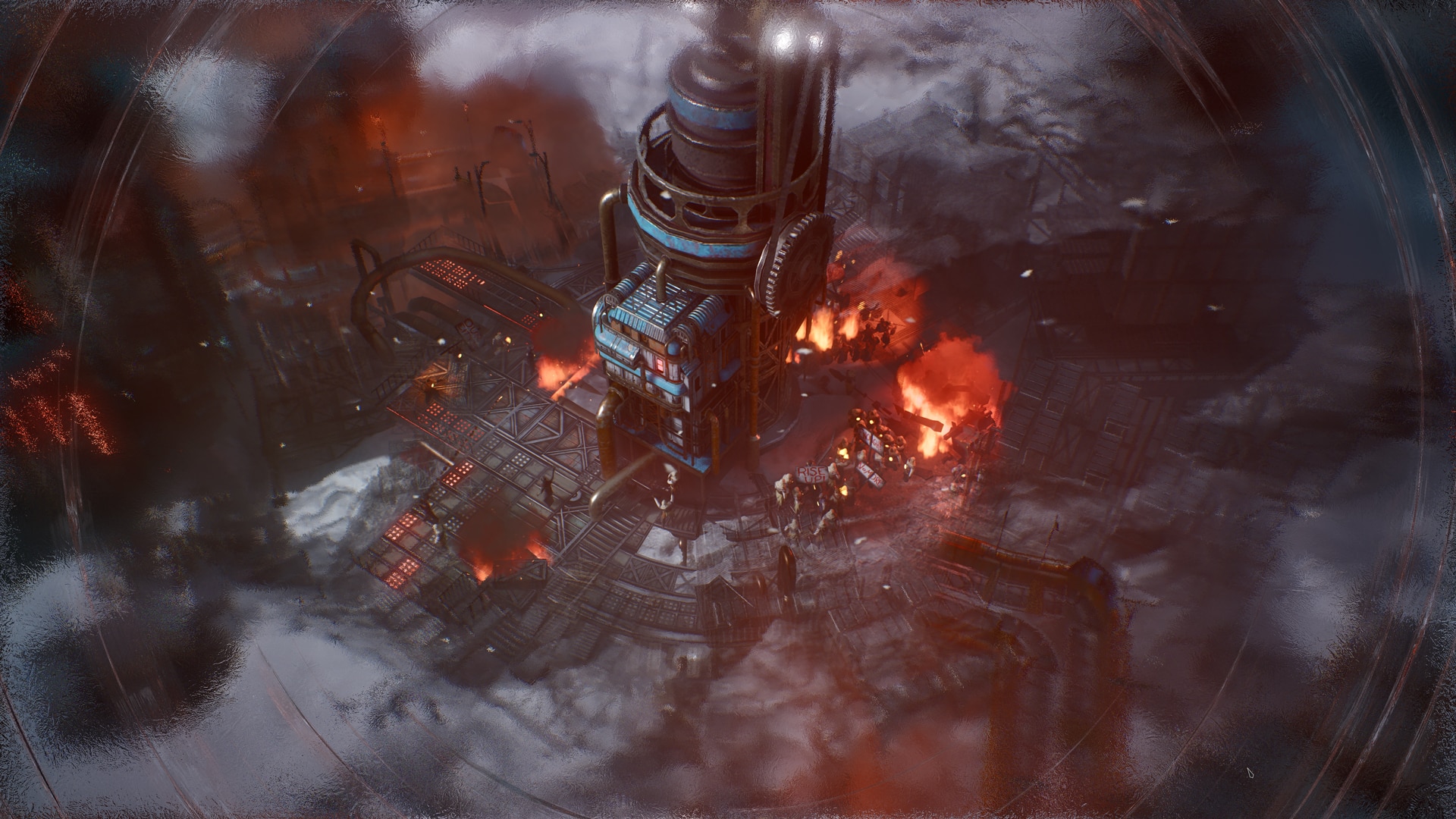 A futuristic industrial tower, reminiscent of Frostpunk 2, stands tall amidst a snowy landscape, surrounded by fire and a smoky atmosphere.