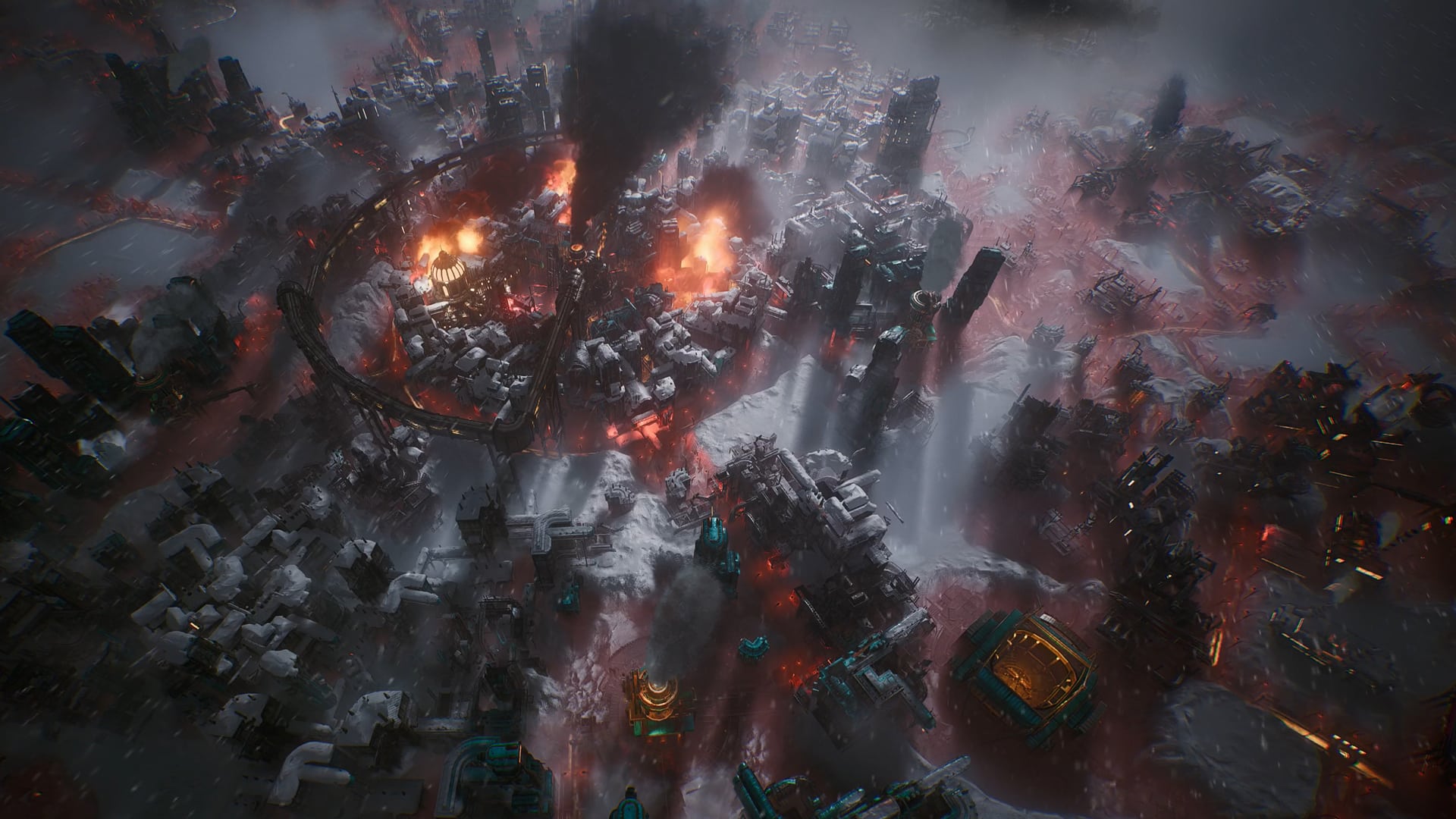 A futuristic city in ruins with buildings on fire and smoke rising under a foggy, dark sky, reminiscent of scenes from Frostpunk 2.