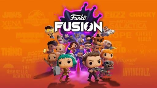 Several Funko Pop! characters from various franchises stand together on an orange background with the text "Funko Fusion.