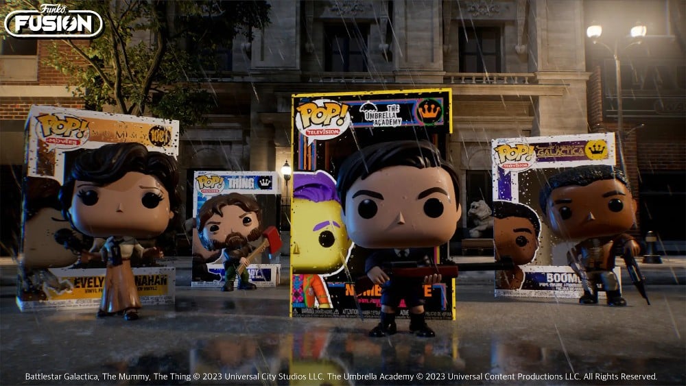 Funko Pop! Fusion figures, rebranded as Funko Fusion, are displayed in front of their boxes on a bustling city sidewalk at night; featuring an array of diverse characters.