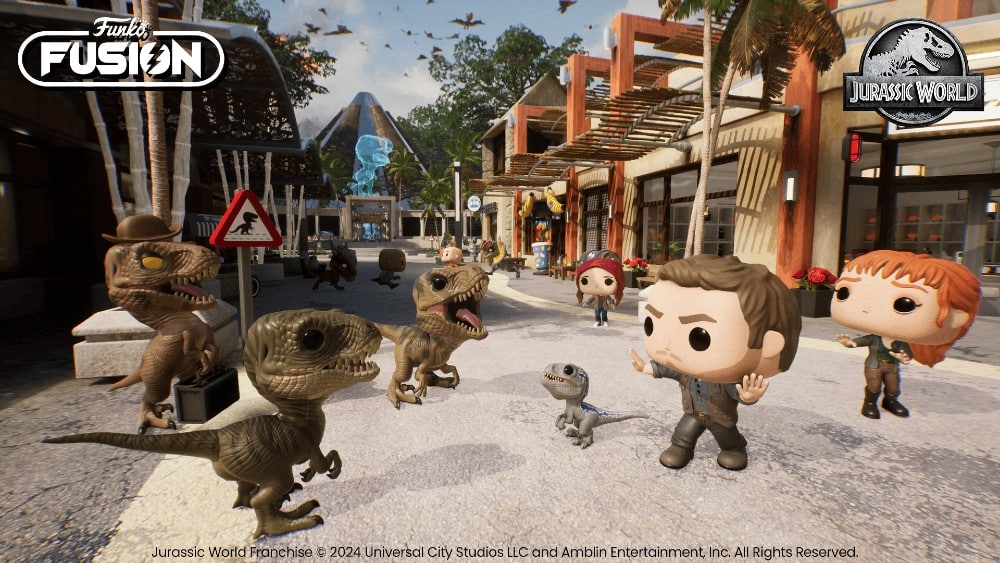 Funko Fusion Funko Pop figures of Jurassic World characters in a vibrant street scene with dinosaurs and bystanders, some holding signs.