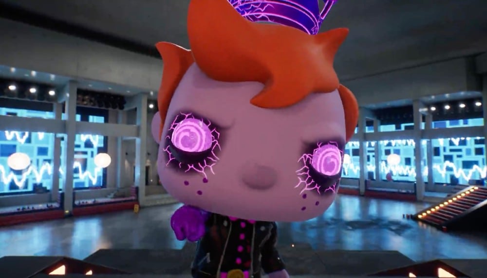 A stylized purple figure from Funko Fusion with glowing purple eyes stands in an arcade-themed environment with neon lights, exuding a vibrant funk fusion vibe.