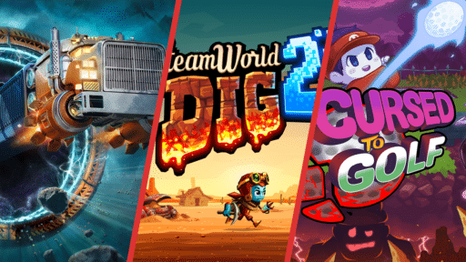 A split image featuring three video game covers: star trucker, SteamWorld Dig 2, and Cursed to Golf.