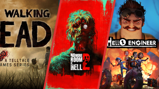 A trio of game posters: "The Walking Dead," "No More Room in Hell 2," and "Hello Engineer," now opted into GFN on Steam.