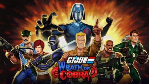 Animated characters from G.I. Joe: Wrath of Cobra, featuring a diverse team striking dynamic action poses against a fiery backdrop.