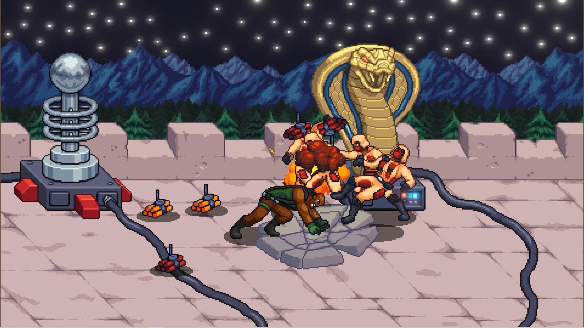 A game scene featuring a fight between armored characters on a castle wall, highlighting the intensity of G.I. Joe: Wrath of Cobra. A large cobra statue looms ominously in the background.