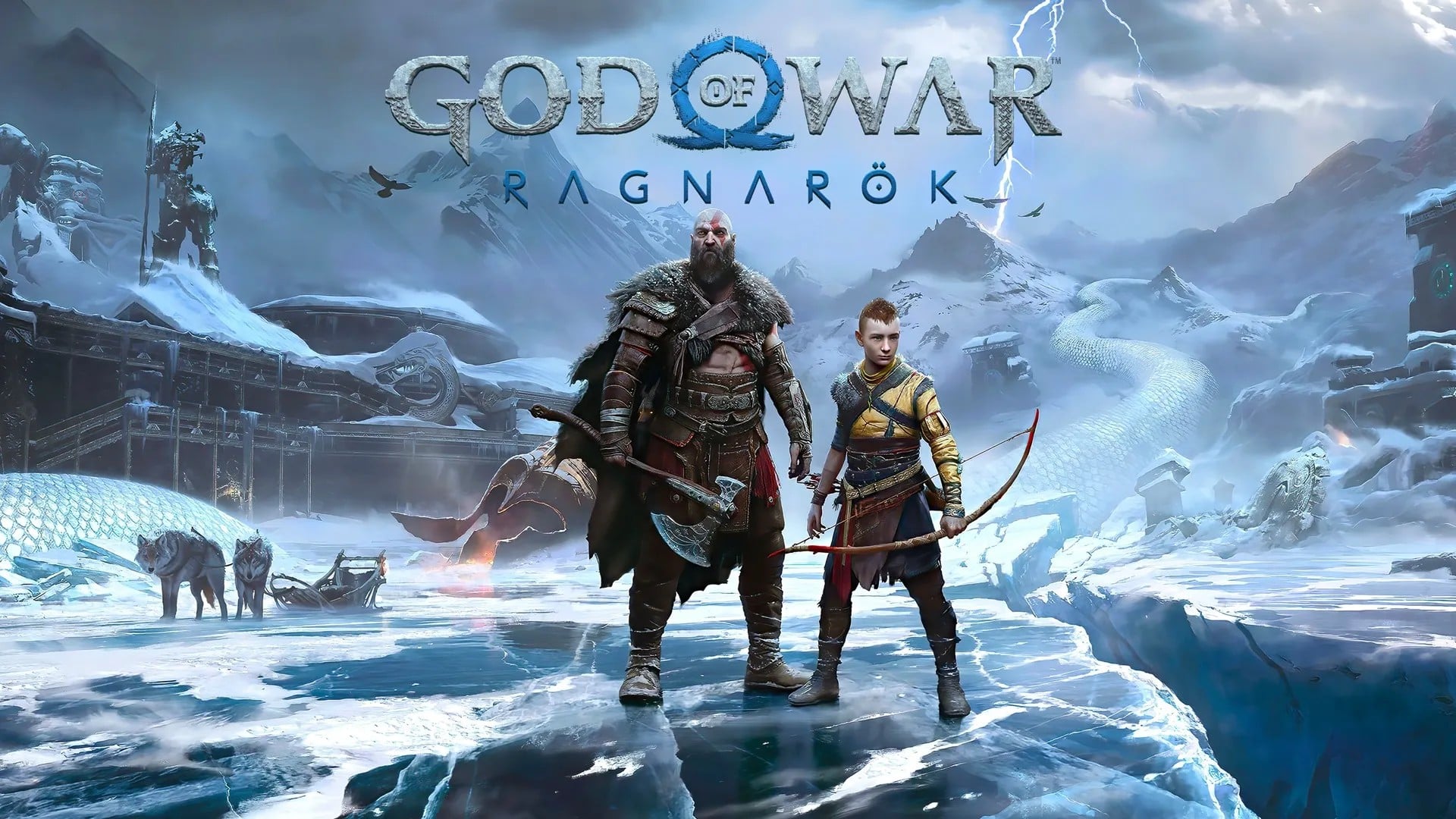 Kratos and Atreus from "God of War Ragnarök" stand on the icy terrain with mythical creatures and a snowy landscape in the background, capturing the essence of their epic journey.