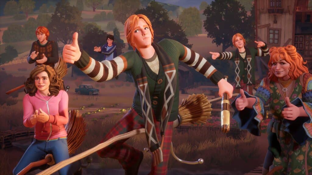 A group of animated Quidditch champions from the Weasley family giving thumbs-up in a cheerful rural setting, holding brooms with a rustic background and a cloud review floating above.