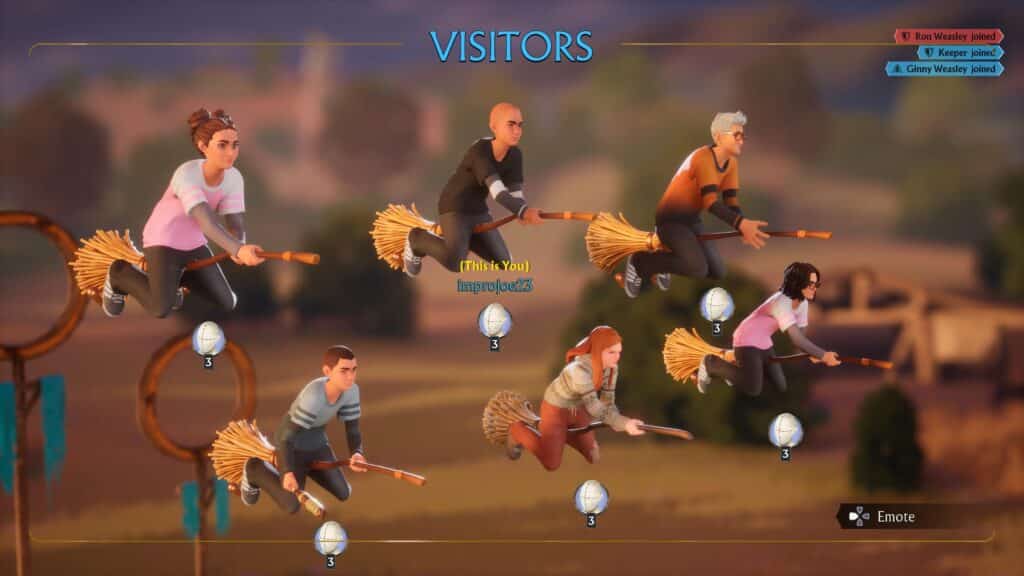 Animated scene of six Quidditch players flying on broomsticks with names above their heads, set against a soft, out-of-focus cloud background.