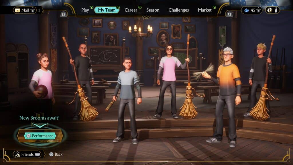 Screenshot of a Harry Potter Quidditch Champions showing four characters holding brooms in a room with portraits and a chalkboard.