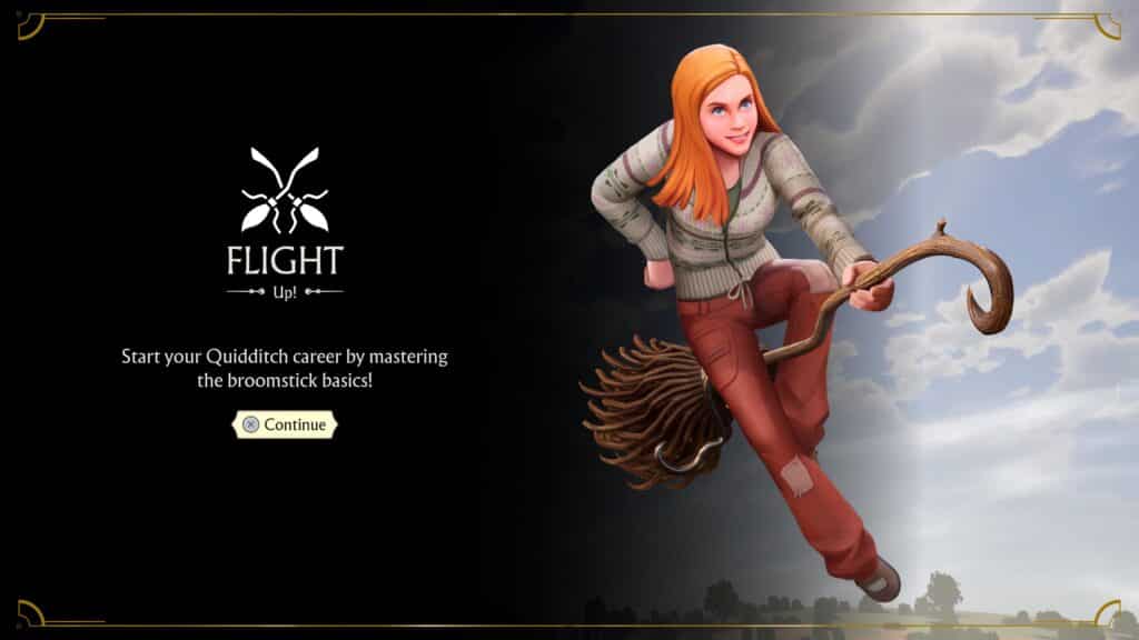 Screenshot: A red-haired girl (Ginny Weasley) flying on a broomstick with the text "FLIGHT Up!" and "Start your Quidditch career by mastering the broomstick basics! Become one of the Quidditch Champions and soar through the clouds.