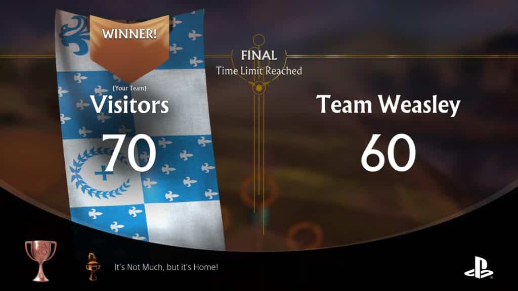 Scoreboard showing final score: Visitors 70, Team Weasley 60. A "Winner!" banner glows above "Visitors."