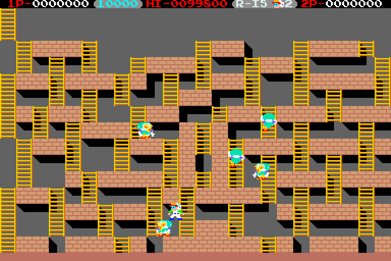 Screenshot of a classic arcade video game, Lode Runner III, with ladders, platforms, and characters in pursuit of each other. 