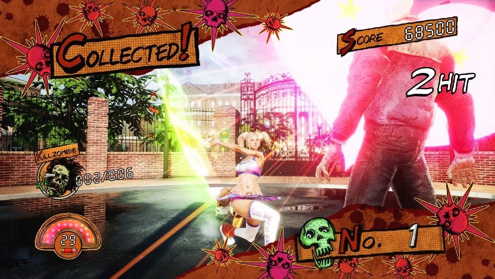 Screenshot from Lollipop Chainsaw RePOP showing Juliet wielding a chainsaw, attacking zombies. Score: 68500, 2-hit combo, No. 1 ranking.