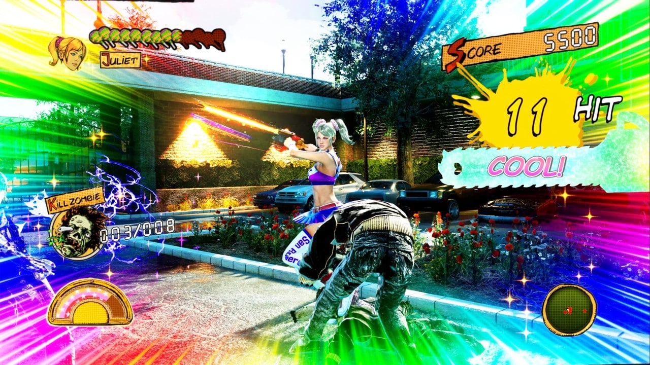 Juliet fights zombies in a colorful scene from Lollipop Chainsaw RePoP, with score, health, and "11 HIT!" displayed on the screen.