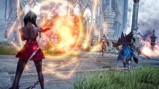 Lost Ark September Update - a fantasy game set amidst ancient ruins, a character in a red dress casts a fiery spell at armed opponents.