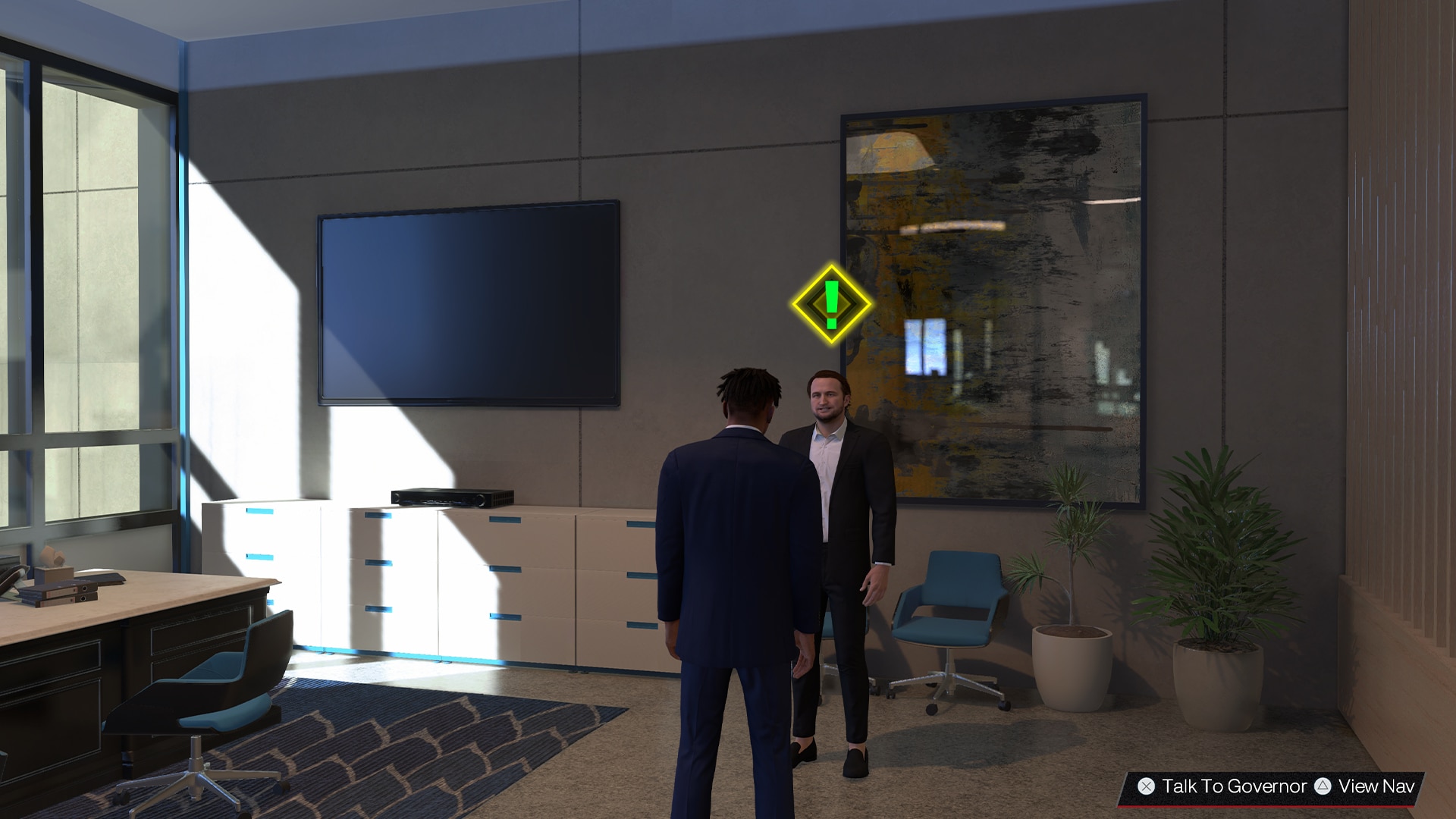 A man in a blue suit faces another with a green icon above his head in a modern office with a large window, reminiscent of the intense negotiations in NBA 2K25.