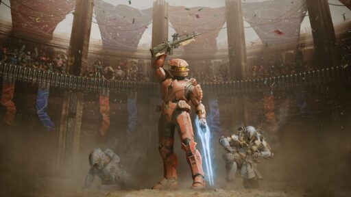 Operation champions Halo Infinite graphic - A red-armored soldier raises a rifle in triumph in front of a cheering crowd.