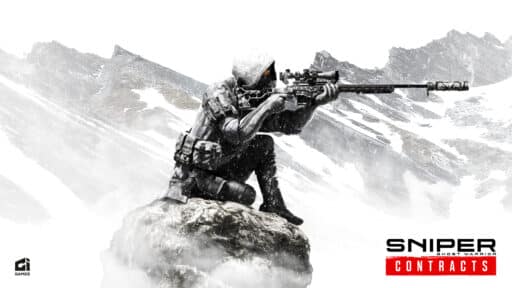 A sniper in white camo gear kneeling on a snowy rock, aiming a rifle. Text reads "Sniper Ghost Warrior Contracts." Stealth and precision are your allies in this frigid battleground.