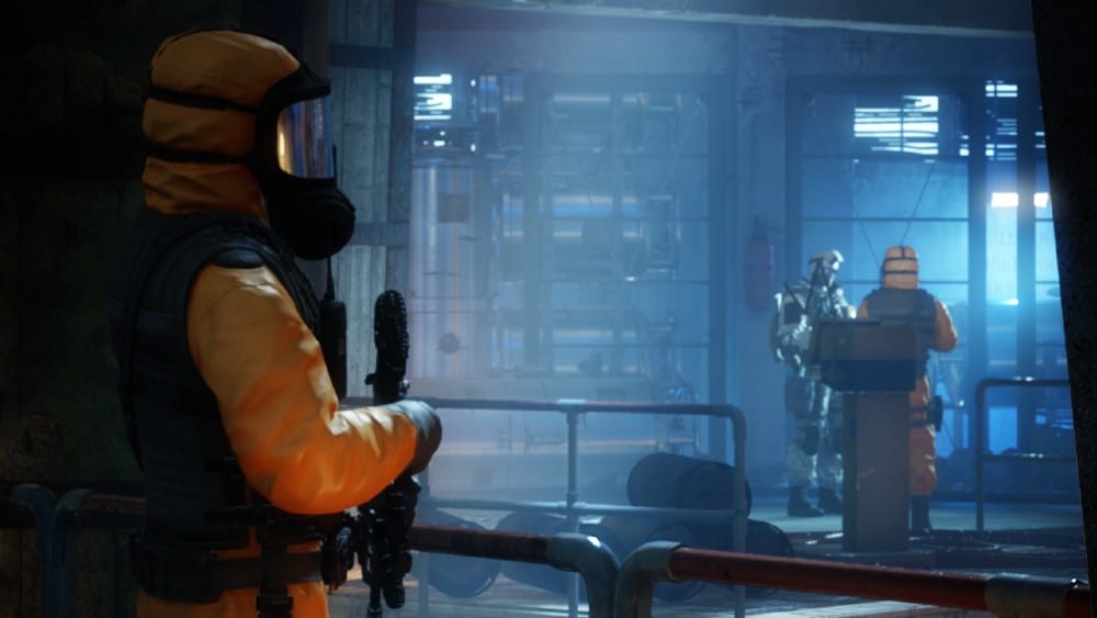 In a scene reminiscent of Sniper Ghost Warrior Contracts, a person in a hazmat suit holds a weapon, meticulously observing two other suited figures in a dimly lit, industrial environment.