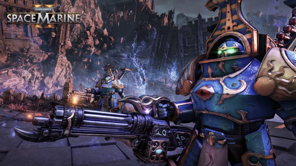 Two armored Space Marines with futuristic weapons stand in a war-torn landscape, featuring the "Warhammer 40,000: Space Marine" logo. For a detailed analysis, don't miss our comprehensive Space Marine 2 Review.