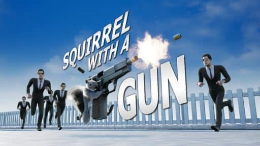 A squirrel holding a handgun fires, chasing men in suits against a blue sky. The text reads "Squirrel with a Gun," capturing the essence of pure chaos and whimsy.