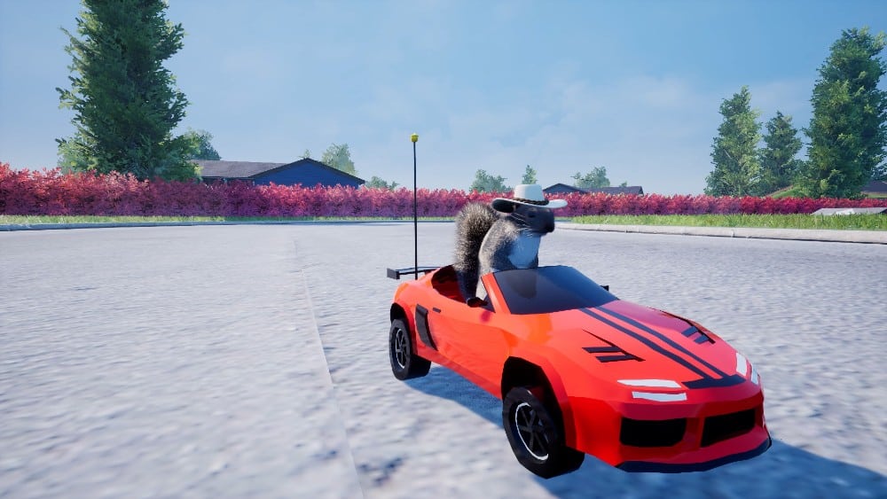 A squirrel wearing sunglasses drives a small red toy car down a street lined with trees and houses, while a squirrel with a gun stands watchfully nearby.