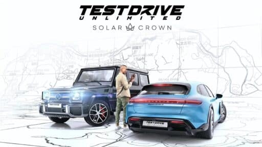 A man stands between a blue SUV and a blue sports car in front of a map. Text above reads "Test Drive Unlimited Solar Crown," highlighting the exciting new features and stunning vehicles waiting to be explored.