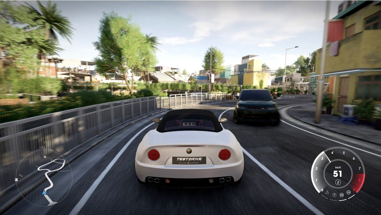 A white sports car, from Test Drive Unlimited Solar Crown, drives on a curved road lined with palm trees, while a black SUV is ahead. Speed displays 51 km/h.