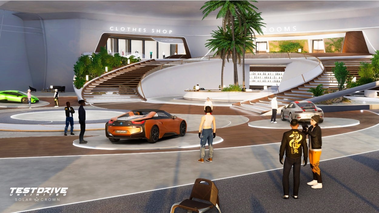 A showroom featuring luxury cars and people milling around, from Test Drive Unlimited Solar Crown. Stairs lead to a 'Clothes Shop' and 'Rooms' area above.