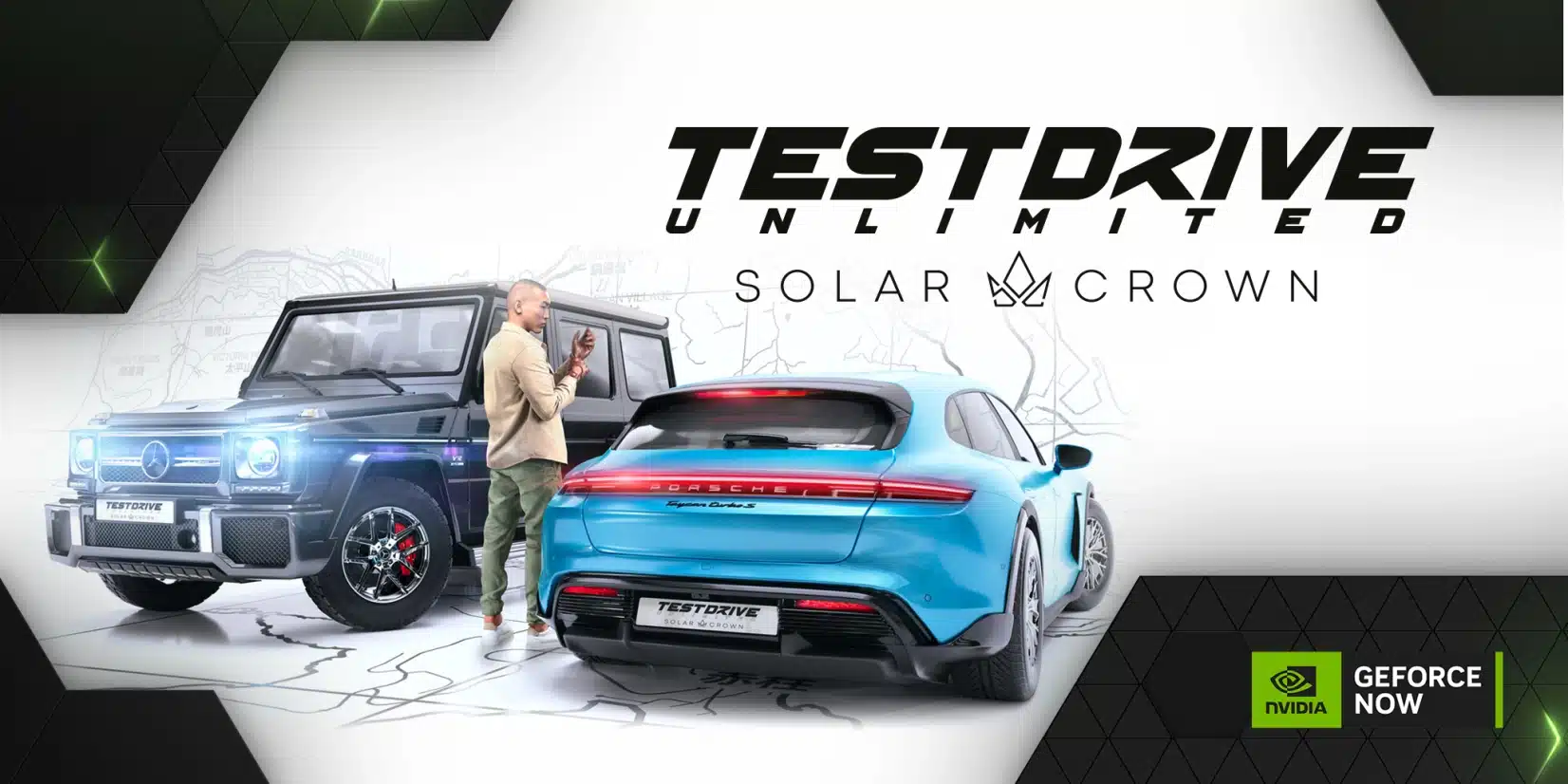 Two luxury cars and a person stand in front of a map. Text: Test Drive Unlimited Solar Crown. NVIDIA GeForce Now. Celebrate GFN Thursday with unparalleled driving experiences!