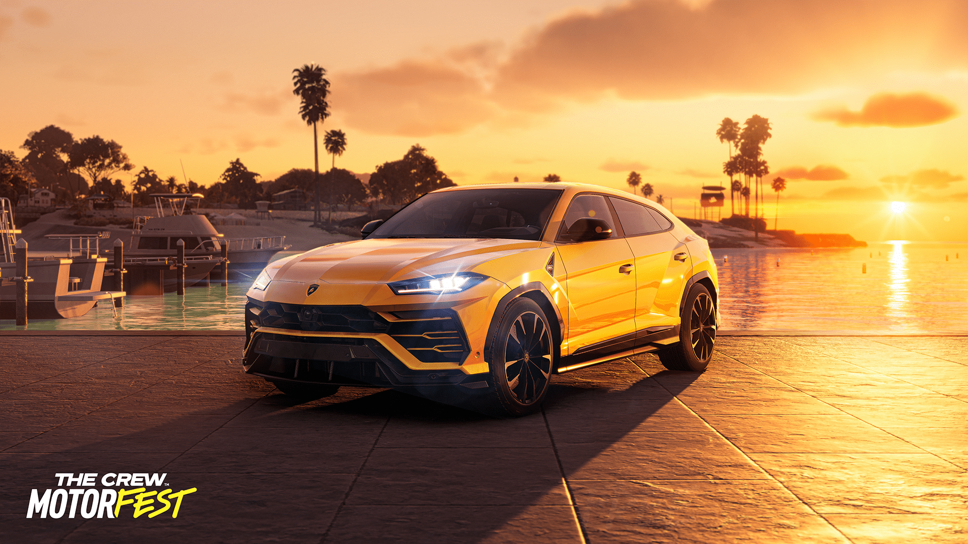 A yellow SUV parked near a waterfront at sunset, with palm trees and a cityscape in the background. "The Crew Motorfest Year 2" logo.