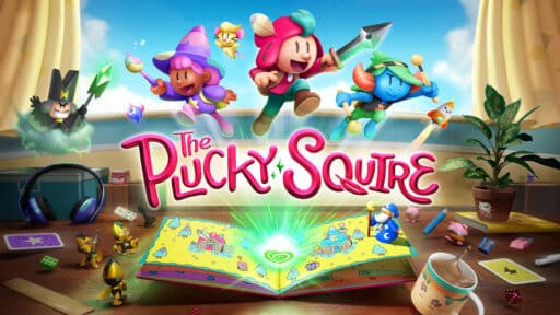 Animated characters jump out of an open book with "The Plucky Squire" title in the center, surrounded by whimsical items.