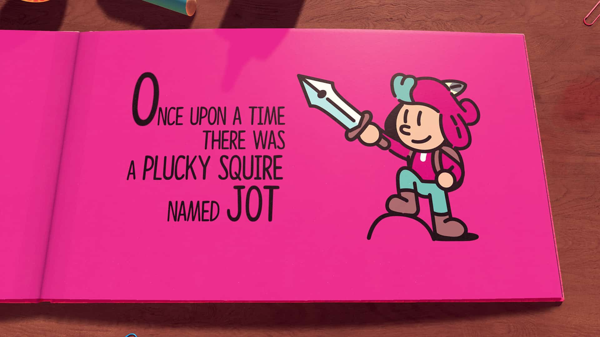 A colorful illustration of a brave squire named Jot holding a sword, with text reading "Once upon a time there was The Plucky Squire named Jot".